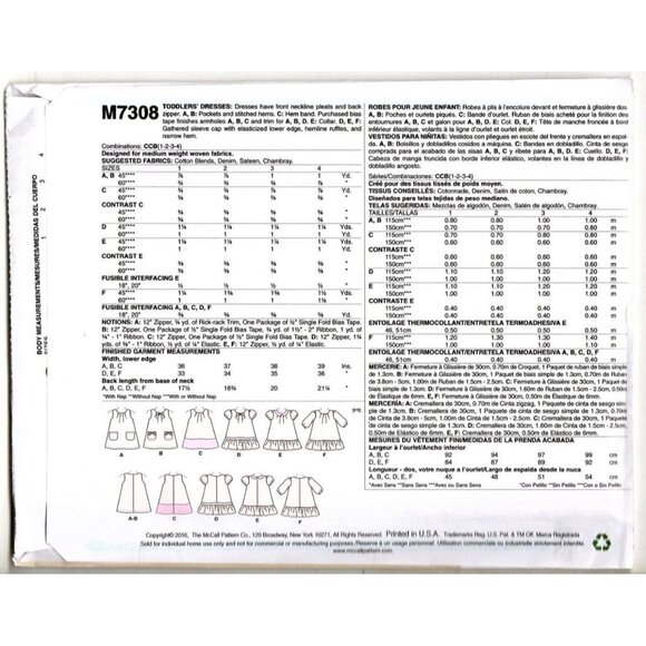 McCall's M7308 Toddler Girls 1 to 4 Dress Uncut Sewing Pattern New - Picture 2 of 2